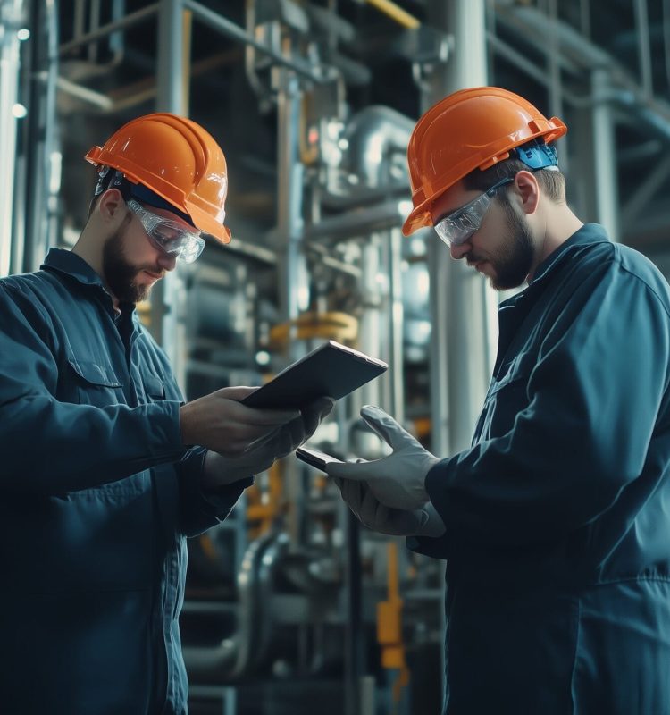 Two technicians wearing safety helmets and gloves carefully inspect machinery while analyzing data on a tablet in an industrial setting, showcasing teamwork and safety practices.