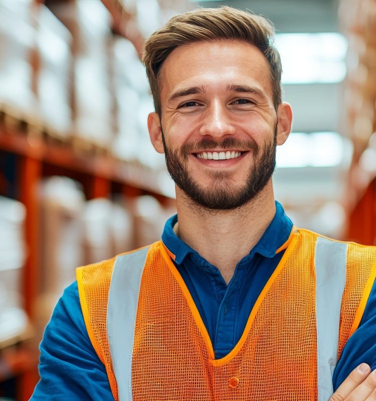 Smiling warehouse worker posing confidently in a storage facility