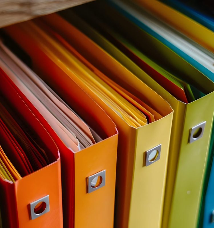 colorful file folders organized in an archive for asset management. generative ai