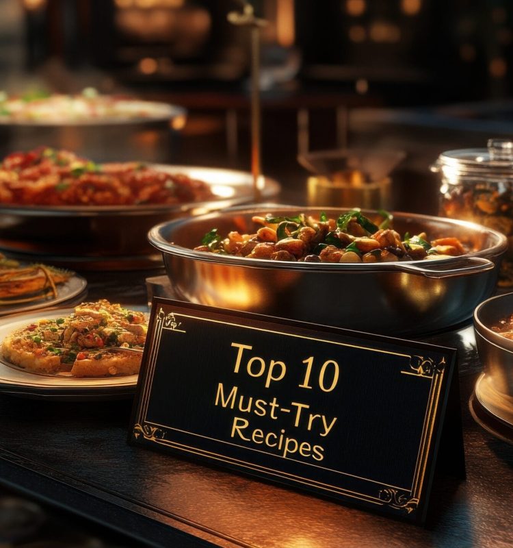 A table of food dishes with a card reading "Top 10 Must-Try Recipes"