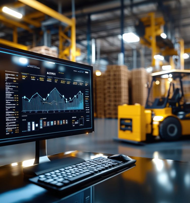 A sophisticated warehouse scene featuring a digital monitor with data analysis software, highlighting advanced logistics management with a forklift in the background.