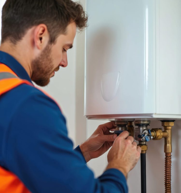 Plumber installs water heater at new home. Caucasian worker in workwear repairs, fixes boiler pipes with wrench tool. Handyman repairs plumbing system. Technician adjusts equipment maintains service.