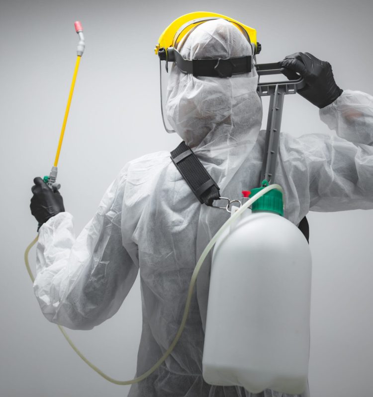 Scientist holding chemical sprayer for sterilization and decontamination of viruses, germs, pests, infectious diseases.