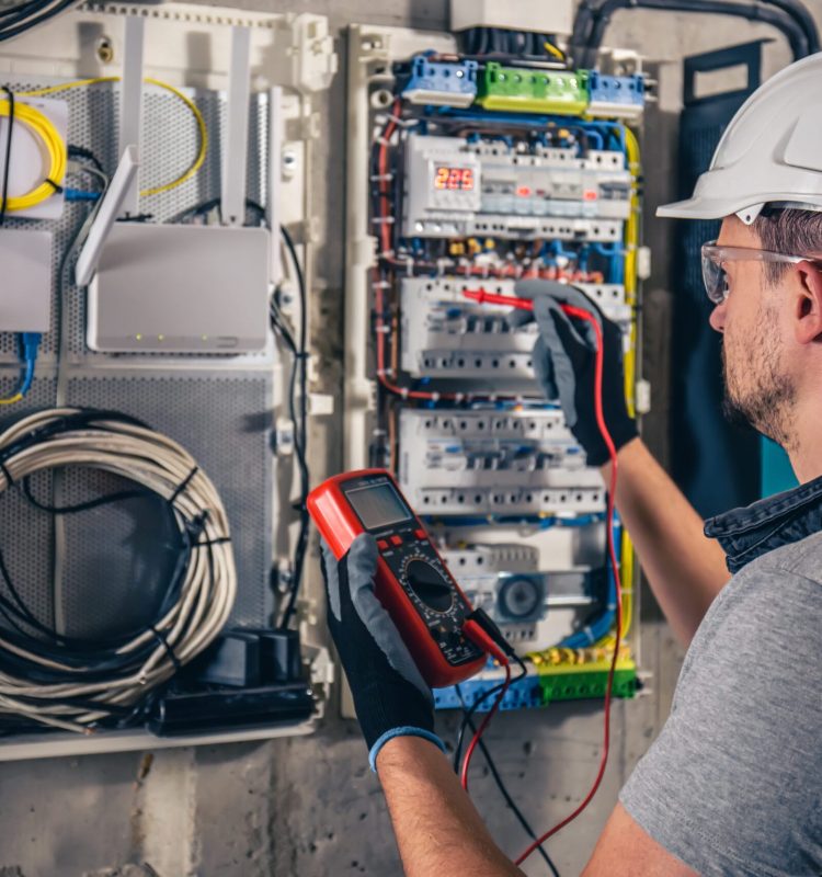 Man, an electrical technician working in a switchboard with fuses. Installation and connection of electrical equipment. Professional uses a tablet.