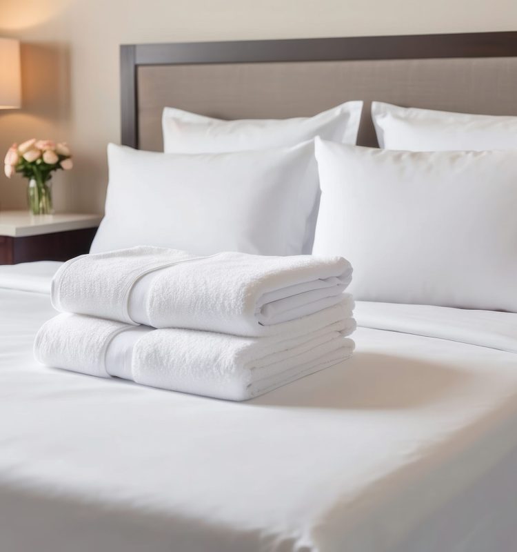 Folded white towels on a pristine white bed in a hotel room