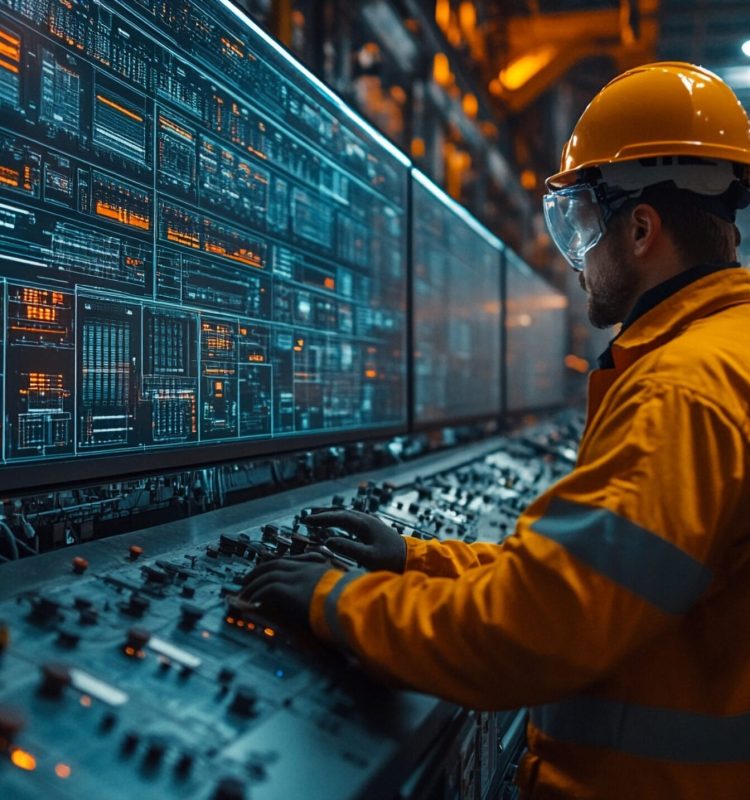 Master of the Control Room: An industrial engineer diligently monitors an array of digital displays in a high-tech facility.